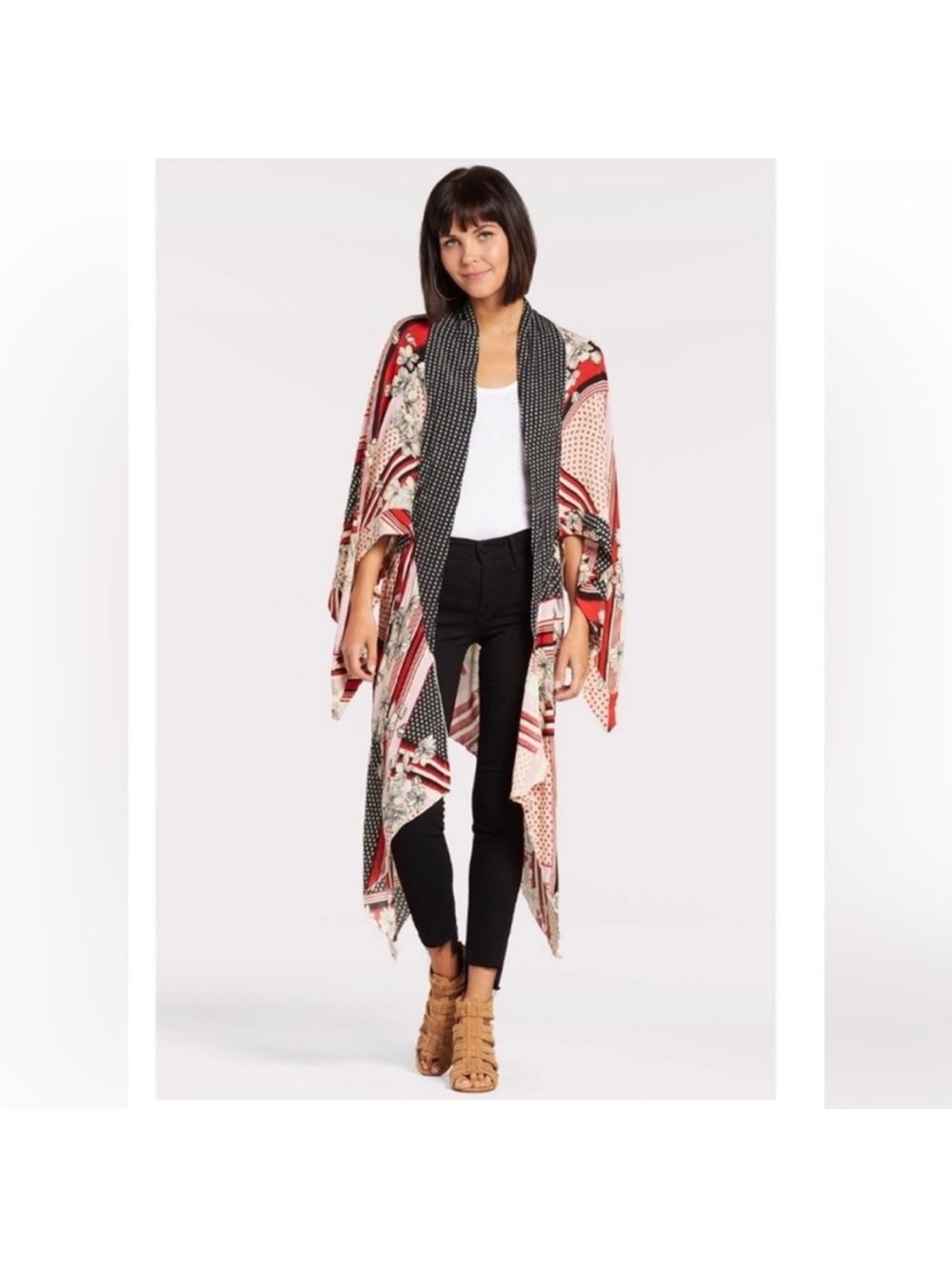 Free People Red Pink and Black Patterned Open Kimono